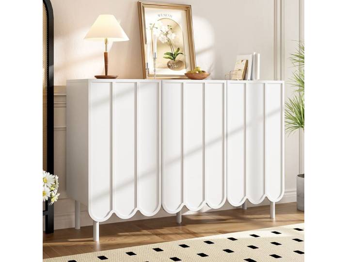 Buffet 120x35x80 cm - 3 portes ondulées - Sans poignées - Étagères réglables - Blanc