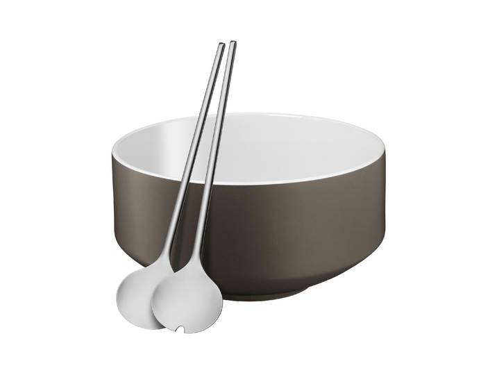 Salatschüssel WMF Moto mit Besteck , grau, H:13,1cm Ø:26cm, Porzellan, Schüsseln, Salatschüssel
