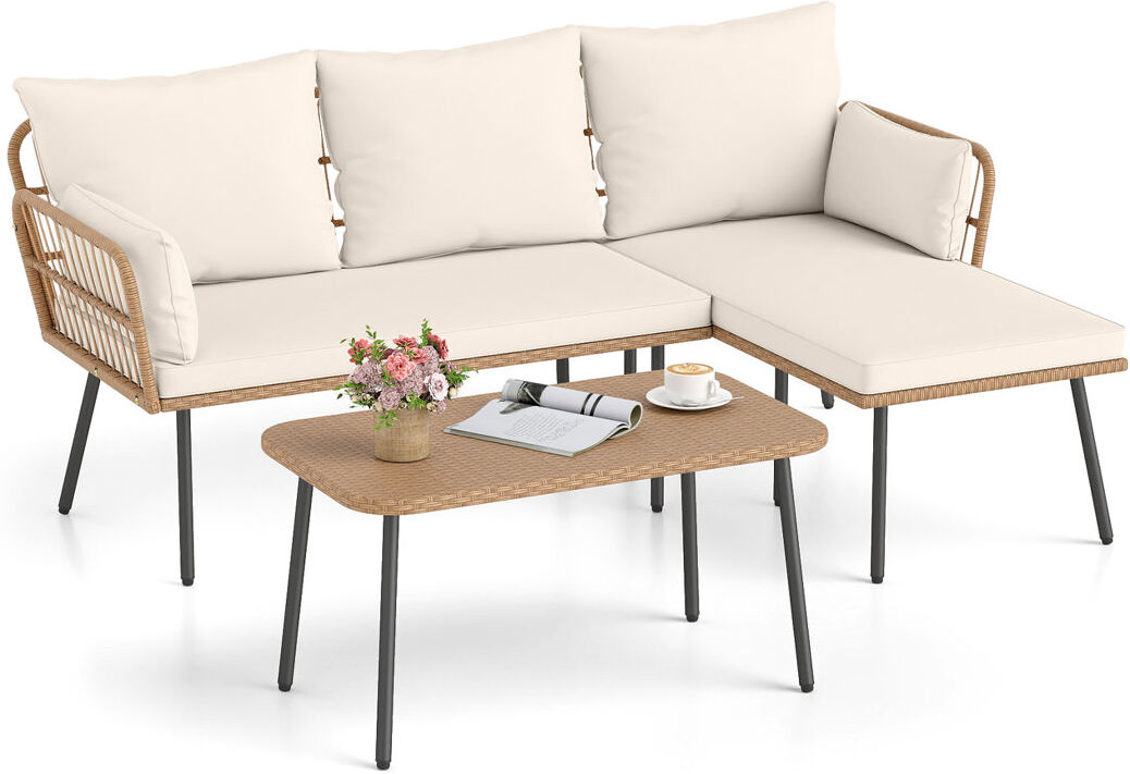 World Menagerie 3 Pieces L-Shaped Patio Furniture Set Outdoor Sectional Cushioned Sofa Beige 4