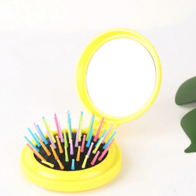 Inspired Deals Portable Folding Mirror Comb With Scalp Massage Brush Travel Hair Brush Mirror Compact Design yellow