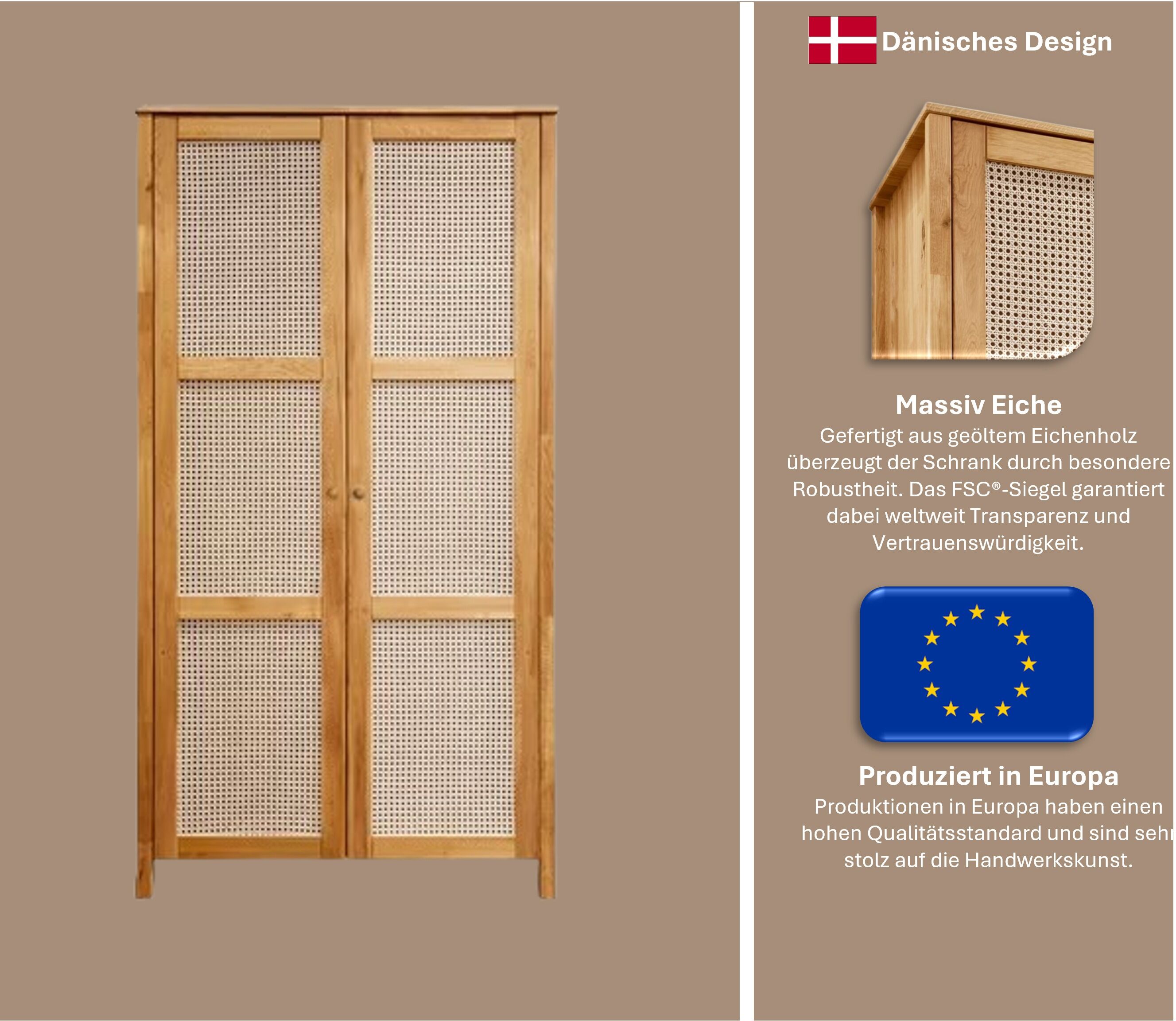 Kleiderschrank GOODPRODUCT "Hällevik Eiche - aus FSC Massivholz, Wiener Geflecht", braun (eiche natur), B:106cm H:200cm T:60cm, Massivholz, Schränke, Kleiderschrank, Türfronten mit Wiener Geflecht, FSC Zertifizierte massive Eiche eiche natur Eiche Natur, 