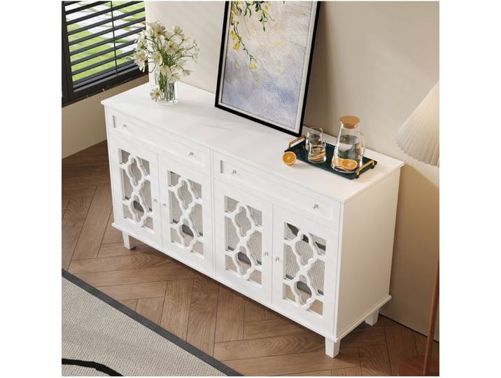 Buffet Bas Blanc 4 Portes Miroir Bahut Design FloraGrace Pour Salon 2 Tiroirs Etagere Reglable 140x40x83cm