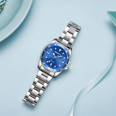 Youfap Market Elegant Business Classic Date Quartz Watch For Ladies With Stainless Steel Strap blue