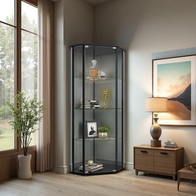 ZWYO HOSIMU "64"" Black Triangular Curio Cabinet with 4 Tempered Glass Shelves, Chrome-Finished Supports, Single Glass Door"
