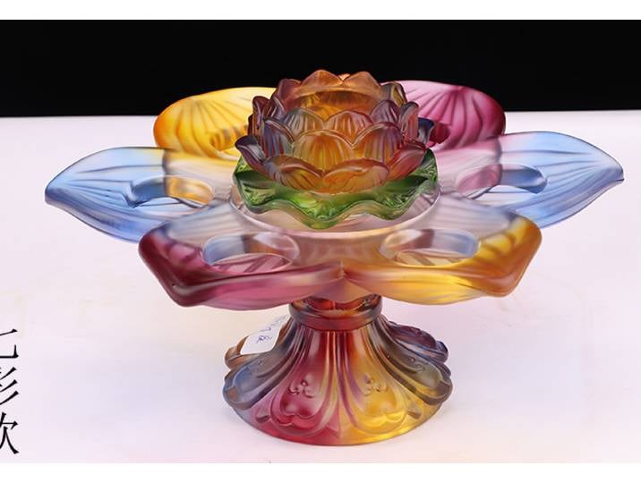 Fournitures bouddhistes en gros # Grand chandelier bouddhiste en cristal émaillé coloré, motif lotus et étoile à sept branches, porte-bougie
