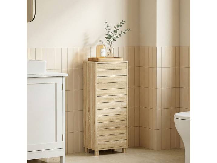 HOMCOM Meuble Salle de Bain Bois Étagère Réglable 84cm Naturel