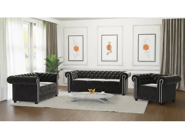 S-Style Möbel Cleo - Chesterfield Polstergarnitur mit Schlaffunktion 3+2+1 aus Samt-Stoff mit Holzfüßen - Schwarz