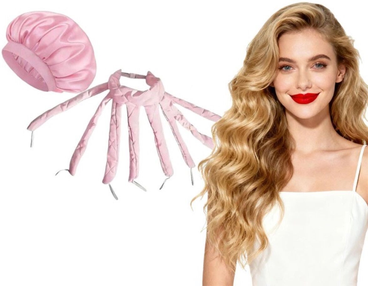 INF 2er-Set wärmefreie Lockenwickler mit Satin Schlafkappe – Übernacht-Styling ohne Hitze, Octopus-Design für natürliche Wellen Rosa