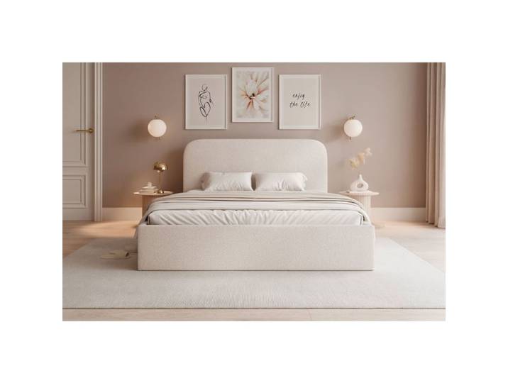 Lit coffre - SONVIVO - 180x200 cm - en tissu chenille beige clair