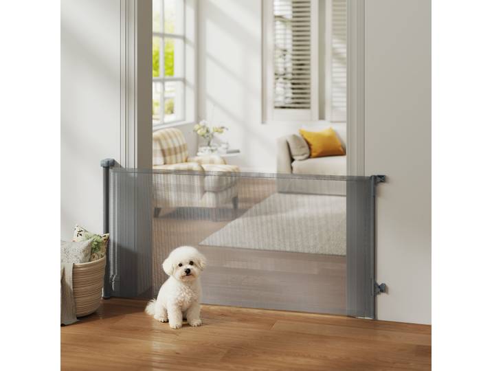 PawHut Barrière Rétractable Chiens 180cm Escaliers Portes Gris