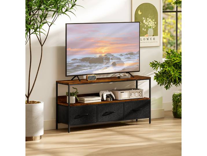 HOMCOM Meuble TV 55 3 Tiroirs Pieds Acier Brun Rustique