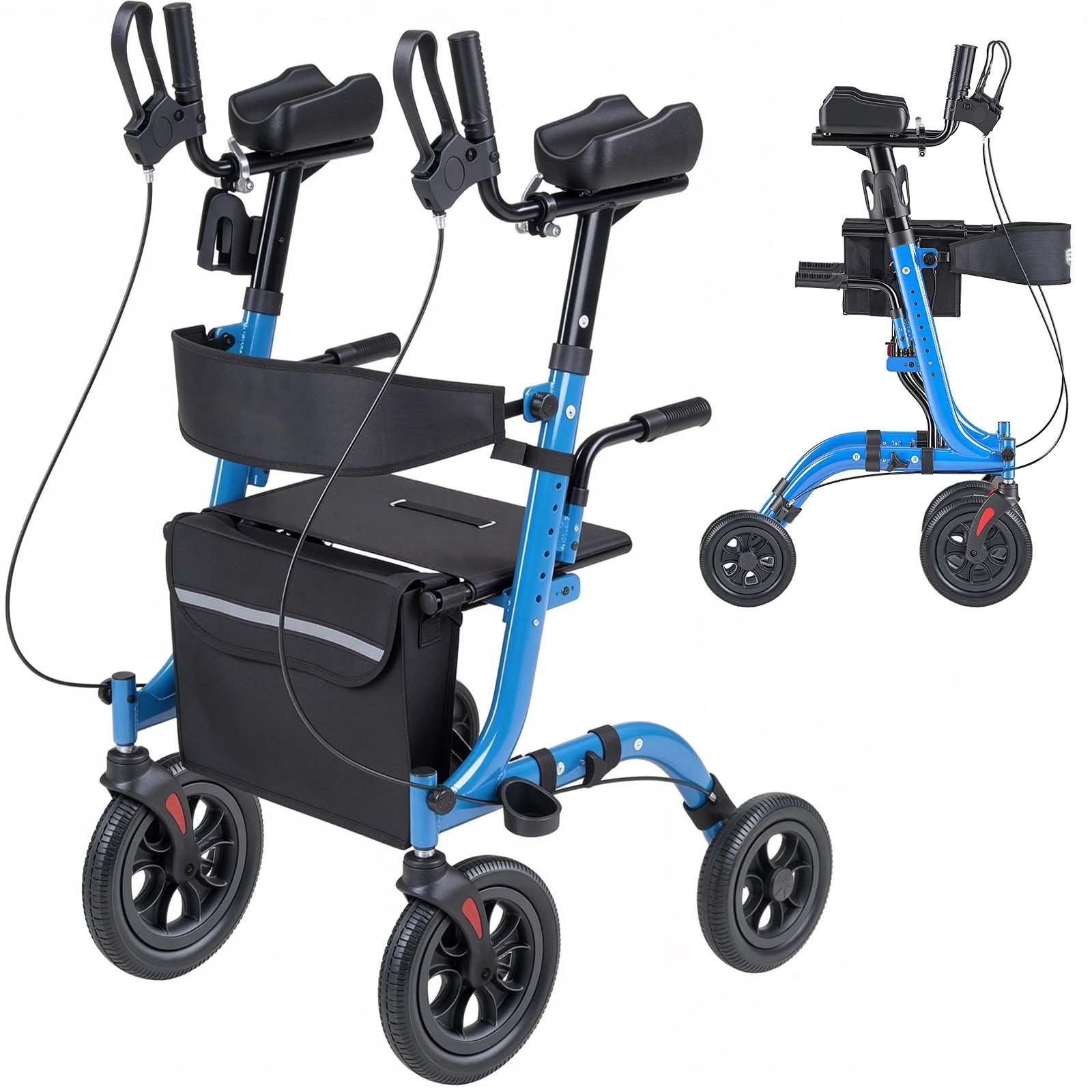Rollator - Faltbarer Gehwagen mit Sitz - Leichtgewicht - 4 PolyurethanRäder - Belastbar bis 136 kg - Höhenverstellbar - Mit Rückenlehne & Tasche - Gehstockhalter - Blau
