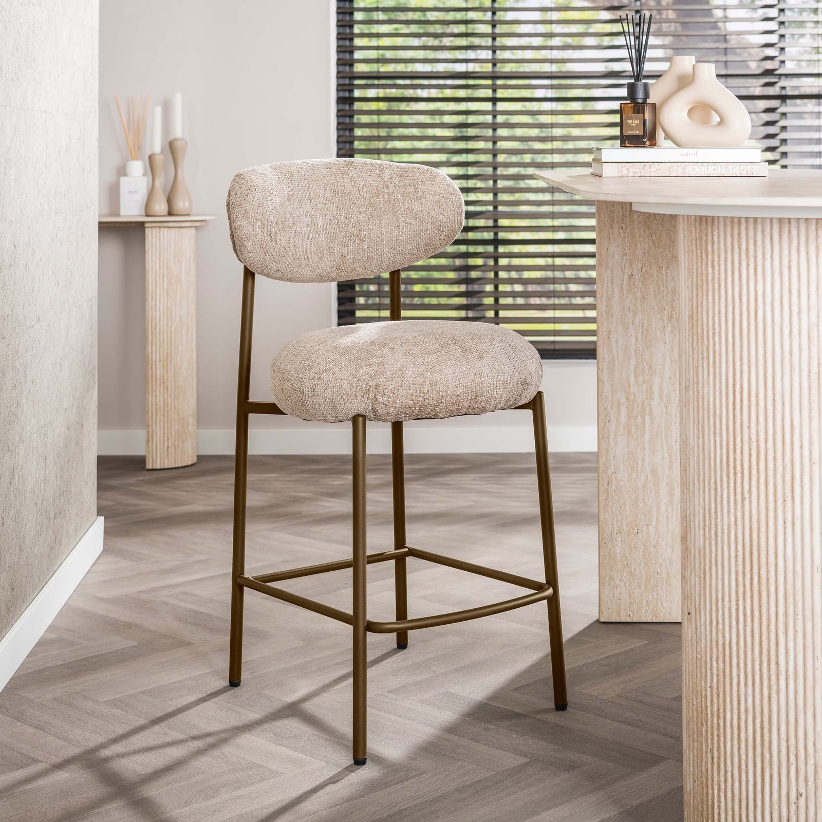 LifestyleFurn Barstoel Lawson Cargo stof - Zand/Bruin - Zithoogte: 67 cm