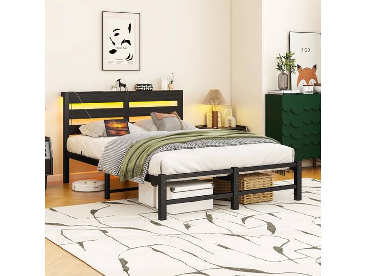 Lit 120x200cm - Cadre De Lit En Métal\, Avec Tête De Lit Avec Led\, Charge Usb - Sans Matelas - Noir