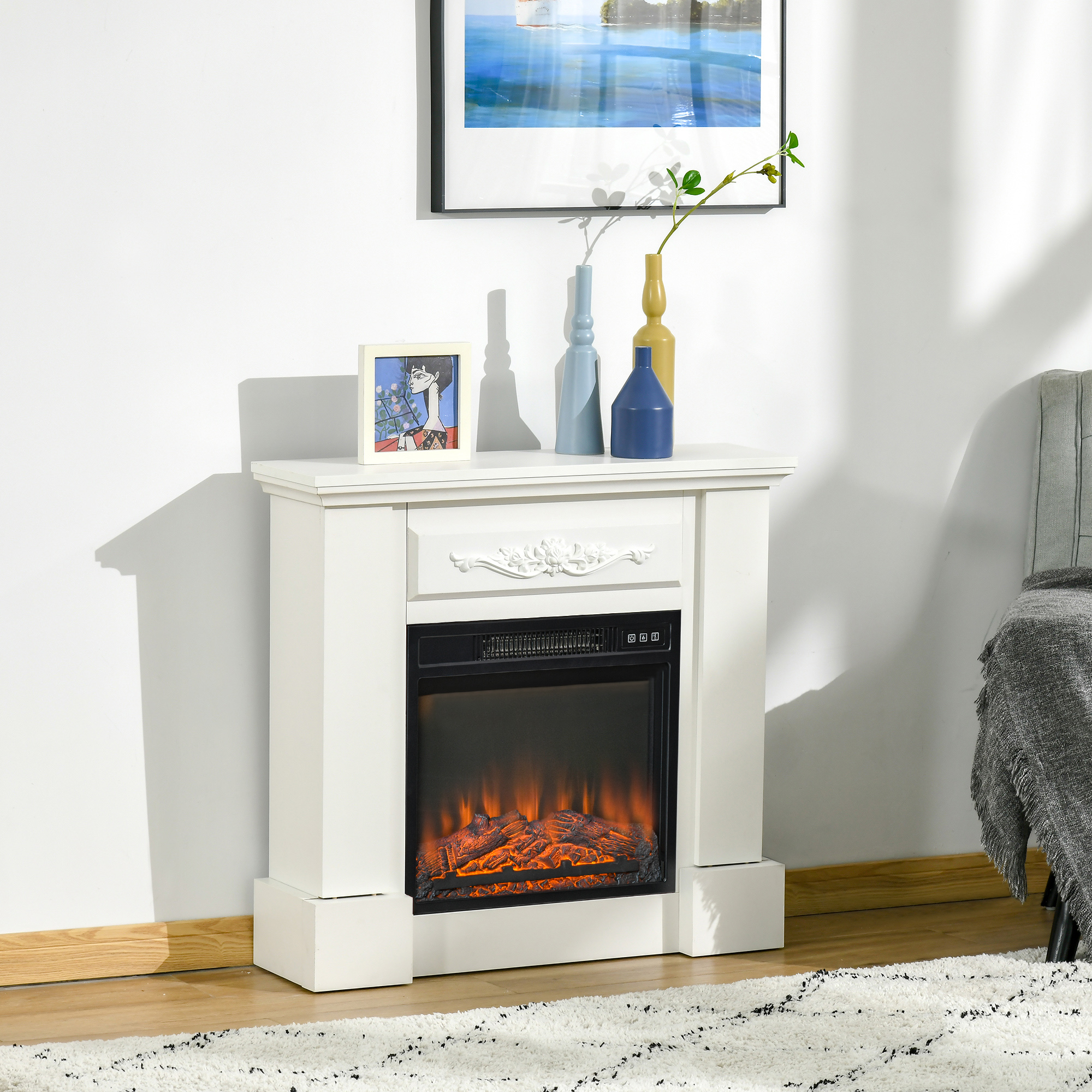 Homcom Camino Elettrico da Terra 1800W con Effetto Fiamma, Telecomando, Timer e Temperatura Regolabile, Bianco   Aosom Italy