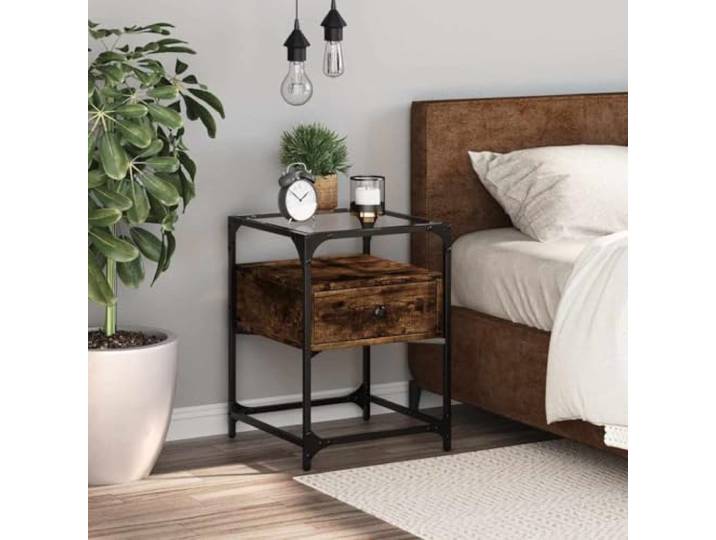 HEFZGDB Nachttisch Räuchereiche 40x40x55 cm Holzwerkstoff mit Glasplatte und Ablage, Stauraum und feuchtigkeitsbeständig, stilvolles Design für Schlafzimmer und Wohnzimmer, robust