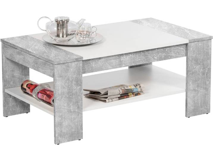 Couchtisch STOLKOM Finley mit Ablageboden, Eiche Sonoma Weiss, BxHxT 100x44x58 cm , grau (grau, beton, weiß), B/H/T: 100cm x 44cm x 58cm, Tische, Couchtisch, Schubladenfront mit Lamellen-Optik, Couchtisch rollbar