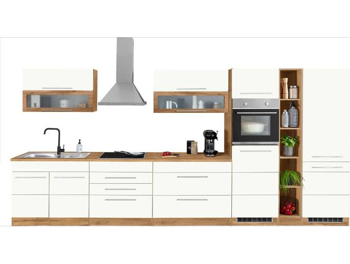 Küchenzeile KOCHSTATION KS-Wien , weiss (küche: weiß, front: weiß, korpus: wotaneichefarben, arbeitsplatte: wotaneichefarben), B:430cm T:60cm, Komplettküchen-Sets, Küchenzeile, Breite 430 cm, wahlweise mit E-Geräten und Induktion