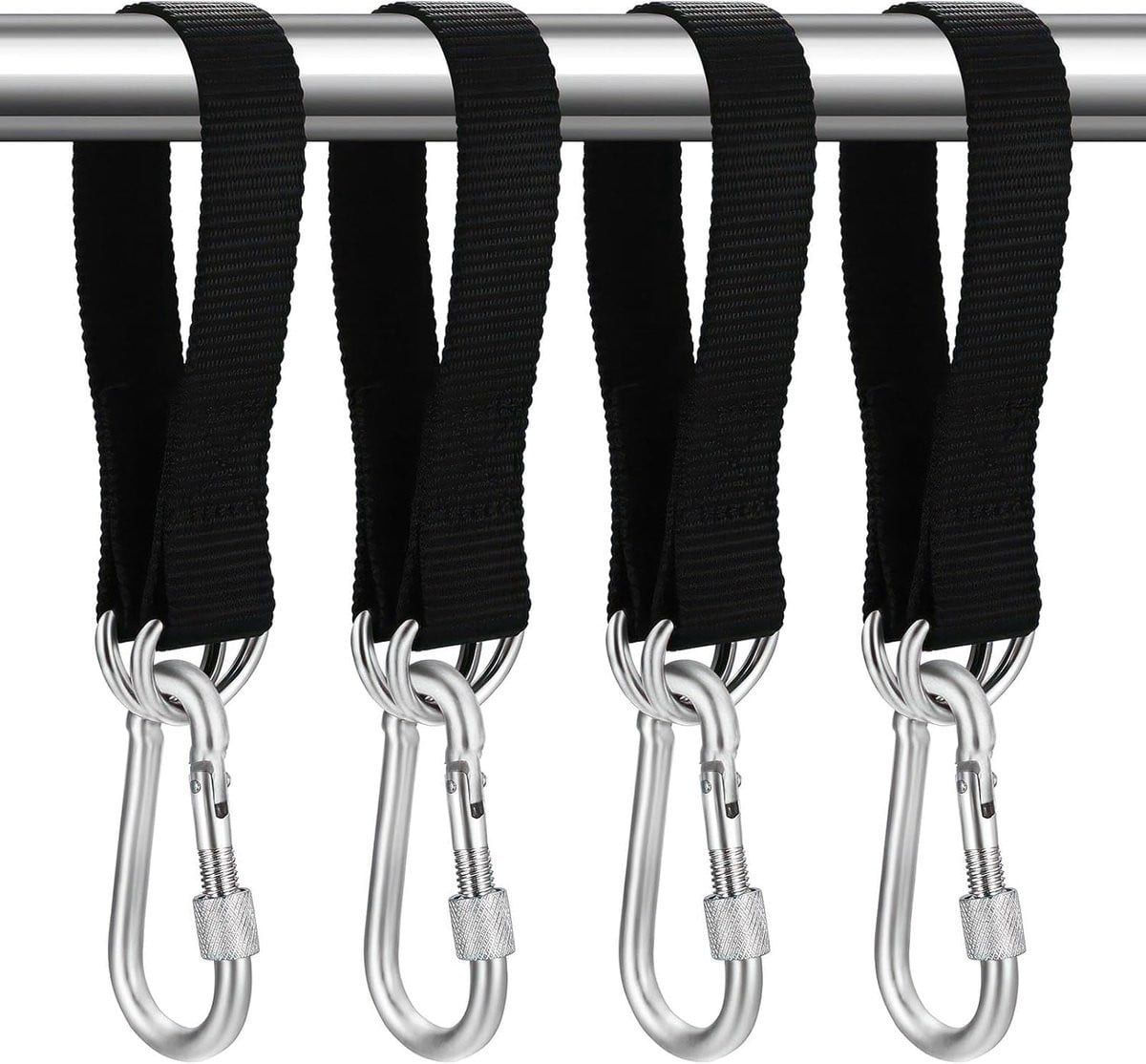 Set van 4 zwarte hangmatbevestigingsbanden van polyester en staal met karabiners en D-ringen