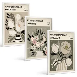 BILDER SET 3er Set - 40x60 cm Weißer Rahmen - Retro-Blumenarrangements