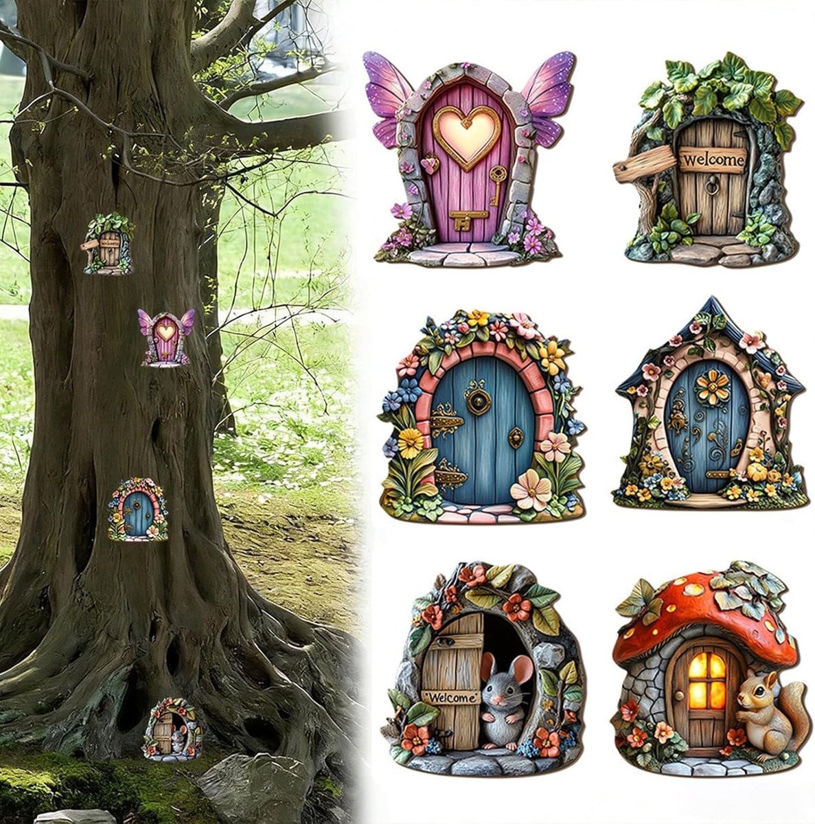 Set van 6 Houten Miniatuur Deuren voor Feeëntuinen - 2D Fairy Art Decoratie voor Binnen en Buiten