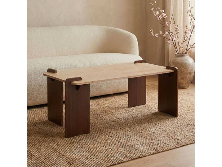 Table basse au design art déco 60x120cm effet travertin beige et bois