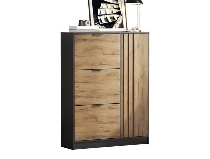 Meuble À Chaussures Bois Naturel Noir 100x30x130cm MDF 3 Compartiments Abattants Et 1 Porte Rangement 12 Paires Charge 50kg Entrée