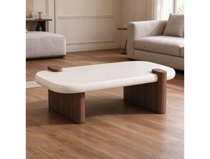 YHTCSXMD Moderner Couchtisch Creme Holz Nussbaum Wohnzimmer 6cm Platte mit Lackfinish, 40cm Höhe, Nussbaum-Holzbeine, moderner Wohnzimmertisch für Sofabereich