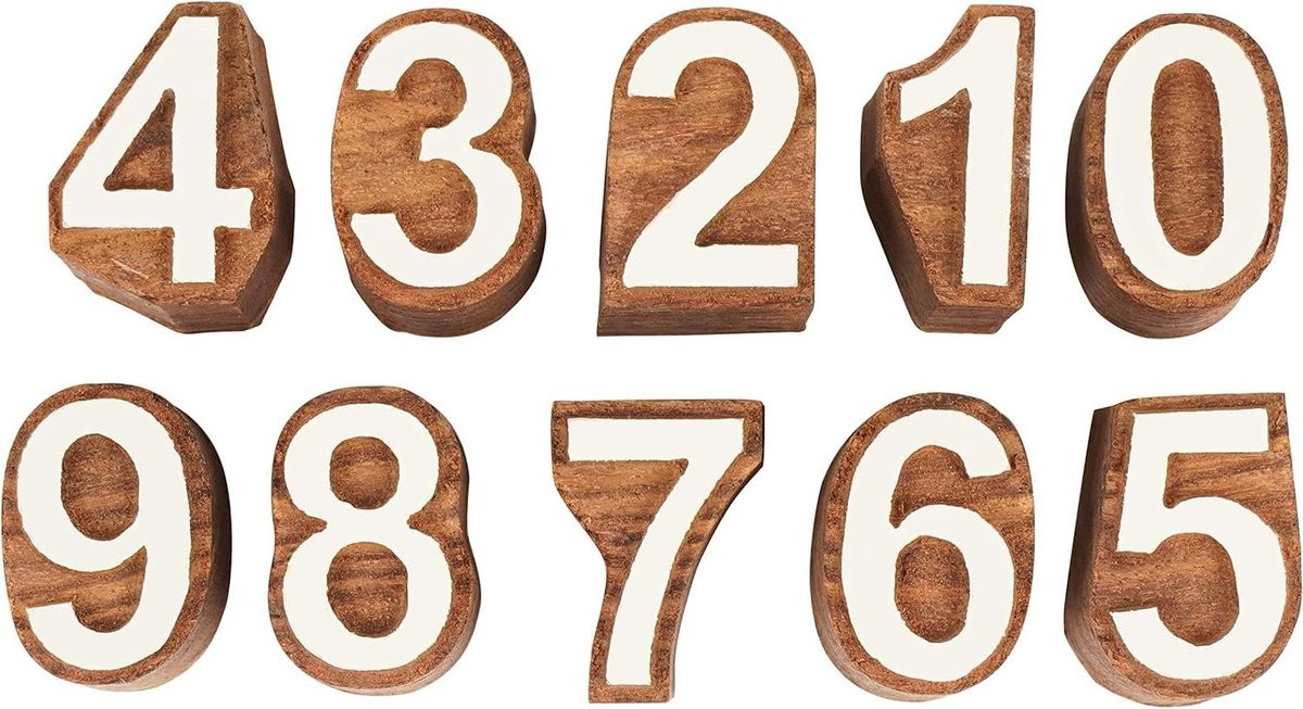 Set van 10 houten cijferstempels voor creatief decoreren, set van 0-9, natuurlijk hout