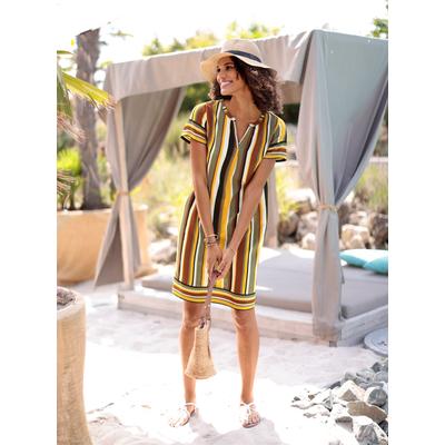 Druckkleid CASUAL LOOKS "Kleid", Damen, Gr. 44, Normalgrößen, bunt (ocker, khaki, gestreift), 100% Viskose, gemustert, gestreift, mehrfarbig, kurz, Rundhals, Kleider Druckkleid
