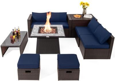 Costway 9 Pieces Patio PE Wicker Sectional Set with 50000 BTU Fire Pit Table-Navy