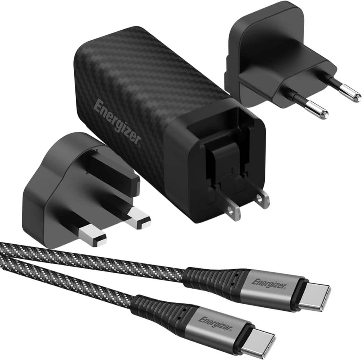 Energizer GaN-voeding met USB-C en USB-A, 65W PD, adapter voor EU/VK/VS, zwart