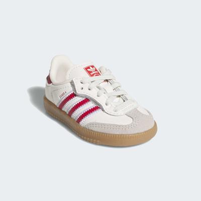 Sneaker ADIDAS ORIGINALS "SAMBA OG, KOMFORTVERSCHLUSS, ELASTISCHE SCHNÜRSENKEL", Mädchen, Gr. 23, weiß (sanftes weiß, better scarlet, gum4), Leder, Schuhe Sneaker, für Kinder