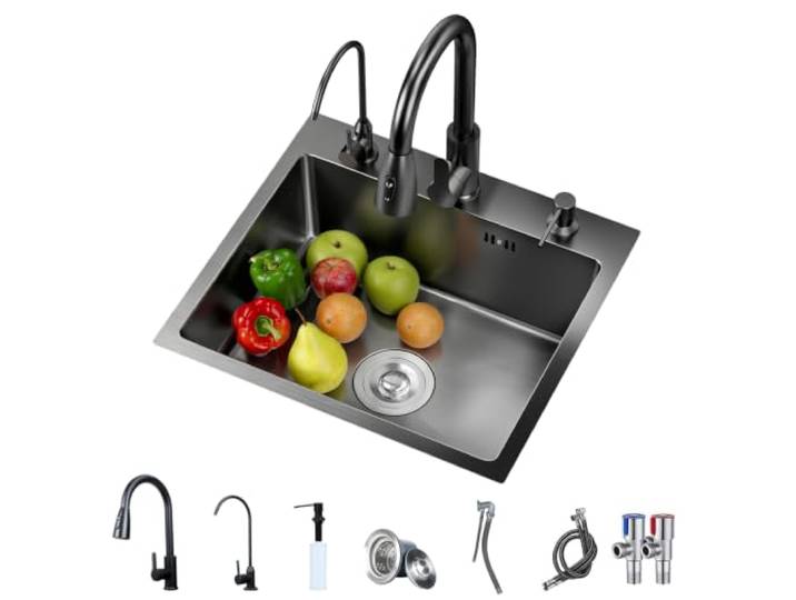 Einbauspüle, Schwarzes Edelstahl Spülbecken, Einzelbecken Große Einbauspüle aus Edelstahl, schwarz, mit Armatur, Ablaufkorb und Wasserfall-Design. Black