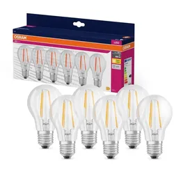 6er-Pack Osram E27 LED Filament Lampen in Glühlampenform Value Classic 6,5W wie 60W 2700K warmweißes Licht