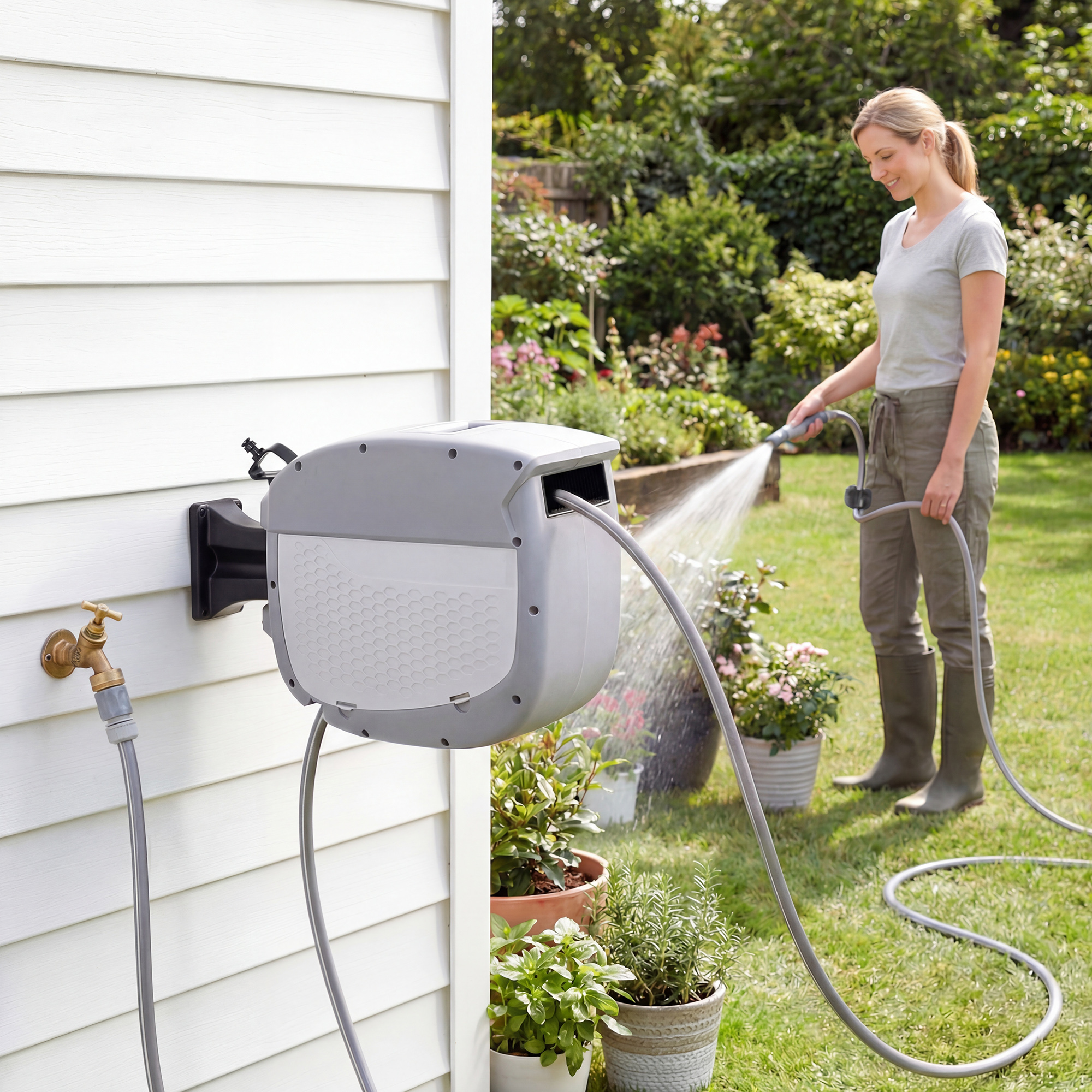 Outsunny Avvolgitubo Retrattile 20+1,9 m con Ugello a 2 Modalità Blocco Automatico e Ritrazione Controllata Supporto Grigio   Aosom Italy