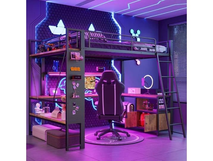 Lit Mezzanine - SOGEU - Lit Mezzanine 140x200 Noir USB - Métal & MDF - Bureau intégré - LED & USB