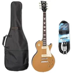 Vintage E-Gitarre V100GT Reissued Gold Top mit Tasche und Kabel (E-Gitarre, Mahagoni, Polyester), Gitarre, Gold