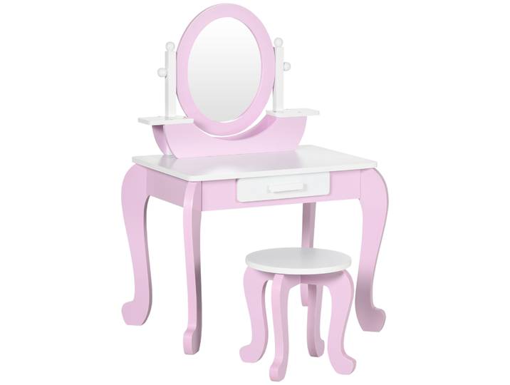 Zonekiz Zonekiz Coiffeuse en bois pour enfants avec tabouret et miroir Centre de beauté avec 1 tiroir pour 3-6 ans 65,5 x 46 x 93 cm rose