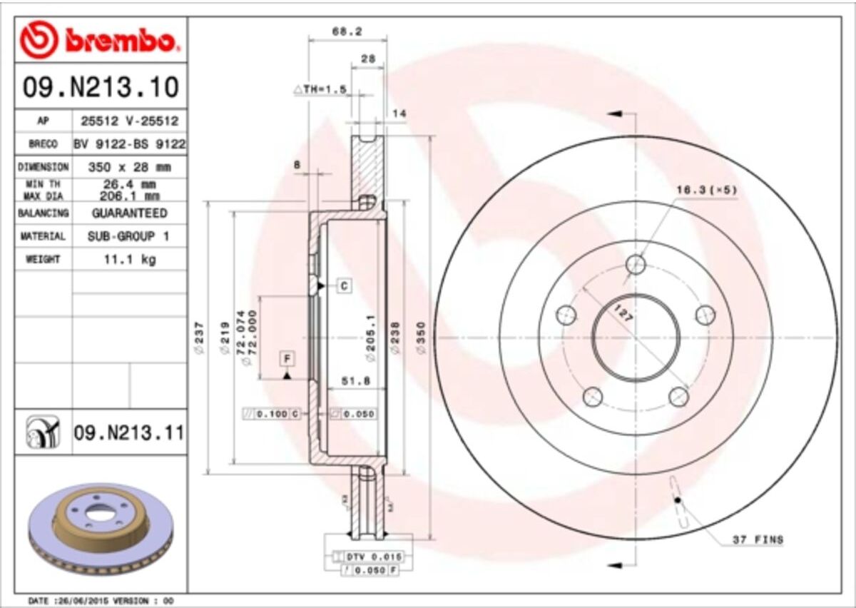 Bremsscheibe BREMBO 09.N213.11, hinten, belüftet, 1 Stück