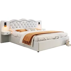 OKWISH Polsterbett 180x200 mit hydraulischem Stauraum, LED-Beleuchtung, USB-Anschluss, Leinenimitat Bezug, Doppelbett, modern Beige