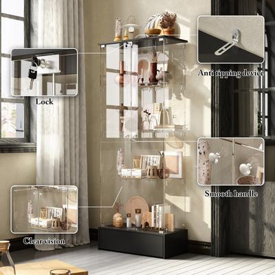 FUFU&GAGA Black 2-Door 1-Drawer Glass Storage Cabinet – Modern Display Unit Bookshelf Curio