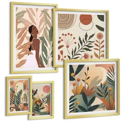 BILDER SET 5er Set - 50x50 cm & 20x30 cm & 40x60 cm Goldrahmen - Pflanzenmotive in Farben