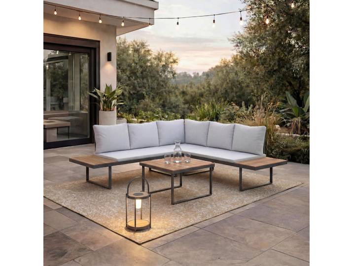 Loungegarnitur Elia Hellgrau Outdoorstoff/Metall/Holz