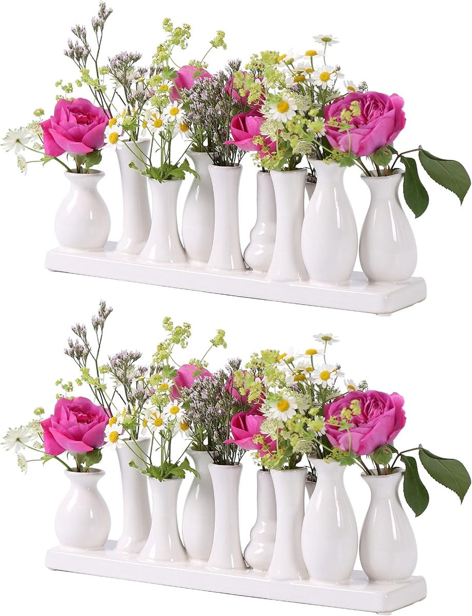 Set van 10 witte keramische decoratieve bloemenvazen