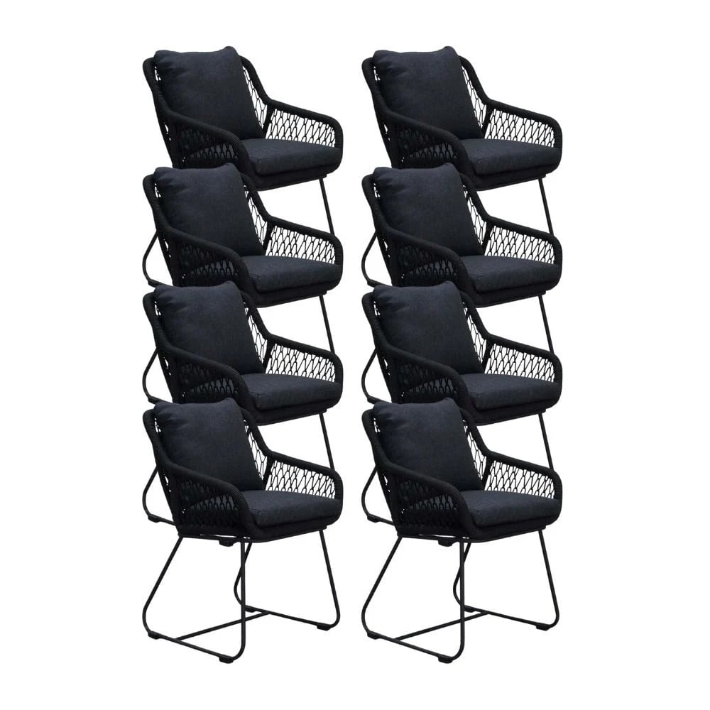 Portofino dining tuinstoel set van 8 met touw en RVS in zwart
