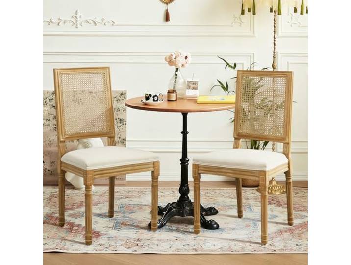 SoarTalent 2er Set Ratan Esszimmerstühle, quadratische Rückenlehne, Beige Gepolsterter Stuhl mit Massivholzgestell & Ratan, Schaumstoff-Füllung: ideal für Esszimmer, Küche, Wohnzimmer & Café
