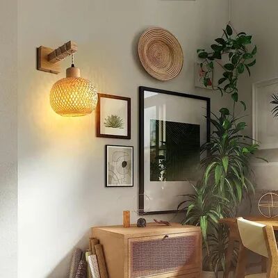 Cozy Casa Charm Natural Bamboo Lantern Wall Lamp, Hand Woven Rattan Wicker Chandeliers, Wall Light Fixtures, Bamboo Room Decor Lamps wood Color
