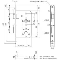 BMH, Türschloss + Schliesszylinder, Fluchttürschloss 6028 1-flg. /EN 1125, links, Edelstahl Stulp 24