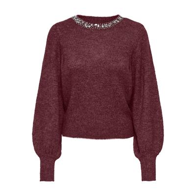 Strickpullover ONLY "ONLELSA L/S PULLOVER KNT NOOS", Damen, Gr. XL, rot (port royale detail:schwarz melange, light embellishment), Strick, Obermaterial: 70% Polyacryl, 28% Polyester, 2% Elasthan, meliert, regular fit hüftlang, Rundhals,...